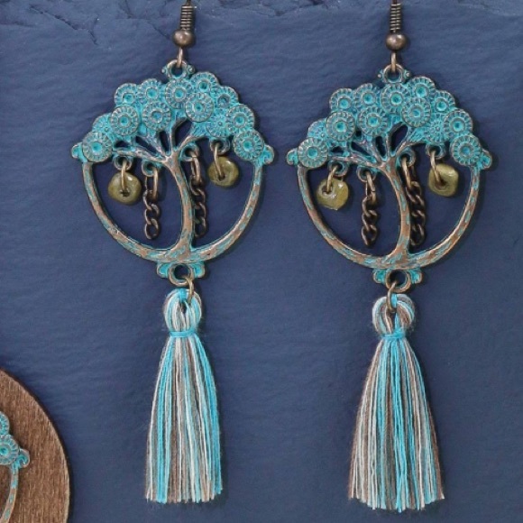 Tree of Life Dangling Tassel Earrings Costume Jewelry Copper Blue Patina - Picture 3 of 7